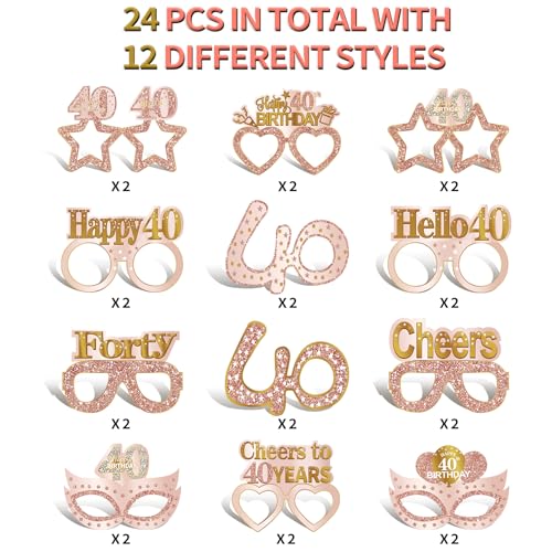 Guiruiy 24PCS 40th Birthday Eyeglasses Decorations for Women, Pink Rose Gold Happy 40th Birthday Paper Eyeglasses Party Supplies, Forty Year Old Bday Glasses Decor - style: Rose Gold 40th
