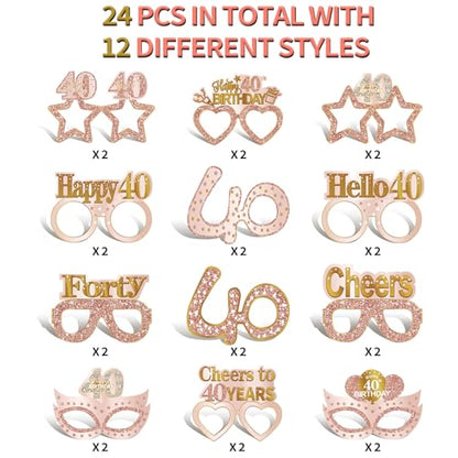 Guiruiy 24PCS 40th Birthday Eyeglasses Decorations for Women, Pink Rose Gold Happy 40th Birthday Paper Eyeglasses Party Supplies, Forty Year Old Bday Glasses Decor - style: Rose Gold 40th