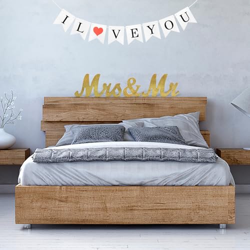 Mr & Mrs Signs Wooden Freestanding Letters for Photo Props, Rustic Decoration, Anniversary & Wedding Shower Gift (Golden + I LOVE YOU banner) - color: Golden with I LOVE YOU banner