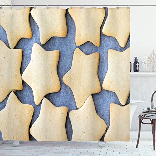 Ambesonne Cookie Shower Curtain, Xmas Themed Holiday Vibes Closeup Star Shaped Biscuits on a Bluish Backdrop, Cloth Fabric Bathroom Decor Set with Hooks, 69" W x 75" L, Ceil Blue and Beige - color: Ceil Blue and Beige, size: 69" W x 75" L