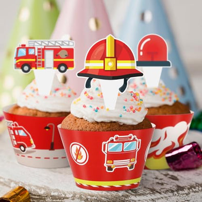 48 Pack Fire Truck Cupcake Toppers and Wrappers, Firefighter Fireman Party Cake Decoration for Firefighting Theme Birthday Party Baby Shower Supplies - style: Fire Truck