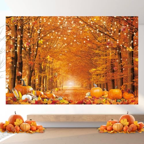 12x8FT Fall Photo Backdrop for Photography Thanksgiving Day Friendsgiving Autumn Forest Scenery Maple Leaves Background Pumpkin Party Decorations Banner Photo Props - size: 12x8ft