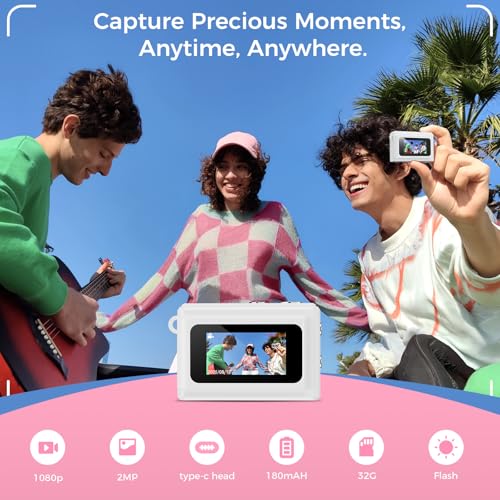 HOTU Mini Keychain Digital Camera, Y2K Pocket-Size Mini Camera, 2MP 1080P Small Camera with 32GB Card, Video Recorder with Long Battery Life for Travel, Party and Vlog (White) - color: White, style: Minimalist