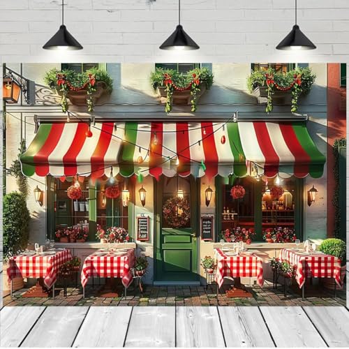 Italian Street Restaurant Backdrop Red White Green Stripes Cafe Green Plants Flowers Background Wall Italian Theme Party Decorations Holiday Travel Pictures Shooting Wallpaper (A, 7X5FT) - color: A, size: 7X5FT
