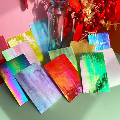 12 Sheets High Shine Iridescent Stained Glass Sheet Variety Pack, 4 x 6-inch Iridized Art Glass Mosaic Tiles for Crafts, Stained Glass Supplies for Glass Projects and Mosaic Work - color: Iridescent Mixed