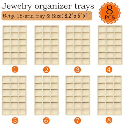 8 Pack Stackable Jewelry Organizer Tray Velvet Jewelrry Storage Drawer Insert Earring Stacking Trays for Dresser 18 Grids - color: Beige