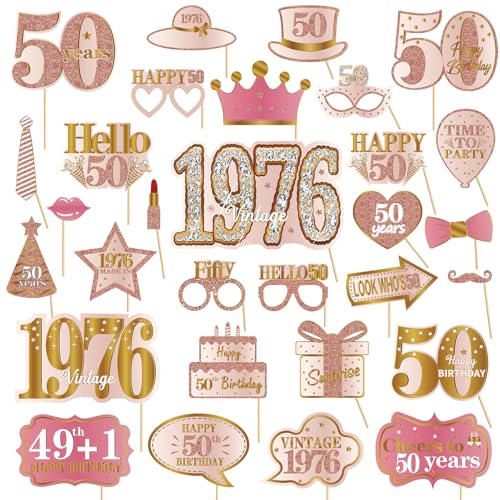 Kuxriox 30Pcs 50th Birthday Photo Booth Props for Women, Pink Rose Gold Vintage 1976 50 Birthday Selfie Props Kit with Sticks Party Supplies Favors, Happy Fifty Bday Photo Props Decor