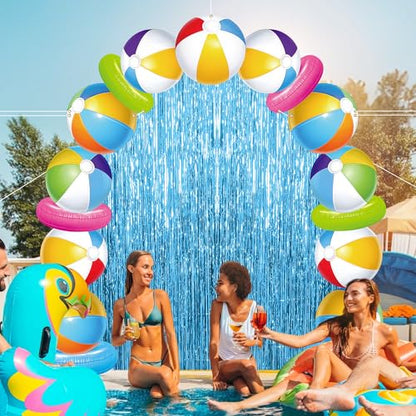 Beach Ball Party Porch Banner with Blue Foil Fringe Curtains Beach Ball Photo Booth Props Background Summer Door Entryway Decorations for Hawaii Tropical Birthday Party Supplies