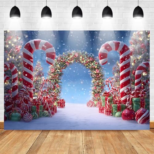 Mocsicka Christmas Candy Cane Photography Backdrop Winter Candyland Christmas Eve Party Decorations Background Christmas Tree Garland Photo Prop Supplies (8x6ft) - size: 8x6ft