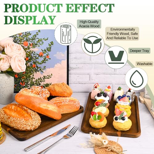 2 Pcs Acacia Wood Serving Tray, Charcuterie Boards Rectangular Wooden Platter, Large Serving Tray Wood Kitchen Display Tray for Food, Cookie, Dessert, Fruit, Snack, Vegetable, 13" x 9" x 0.6" - size: 13*9 inch