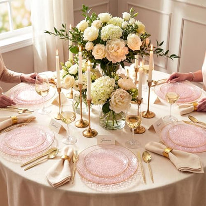 I00000 150Pcs Clear Pink Plastic Plates with Gold Rim,Pink Disposable Plates,Clear Hammer Patterned Disposable plates Set include 30 Dinner Plate,30 Dessert Plate,90 Plastic Silverware Set for Party - color: Clear Pink