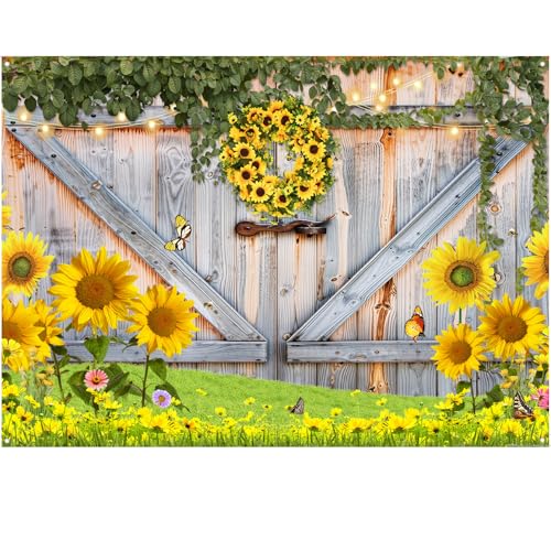 Sunflower Backdrop for Photography, Rustic Barn Wood Door Photo Backdrops for Photoshoot, Yellow Sunflower Theme Background for Birthday Decorations 10x8ft - color: Yellow, size: 10x8 FT
