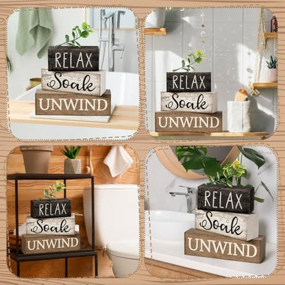 Moucuny 4 Pcs Bathroom Shelf Decor Sign Farmhouse Bathroom Decor and Accessories Rustic Eucalyptus Leaves Wood Block Sign Gift Relax Soak Unwind Farmhouse Table Centerpiece for Home Toilet - style: Bathroom Leaves