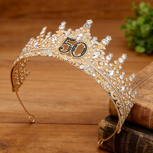 Birthday Crown for Women Crystal Princess Birthdays Tiaras Rhinestone Queen Headband Wedding Bridal Hair Accessories BirthdayProm Pageant Party Coming of Age Ceremony Photo Props - color: Gold-50