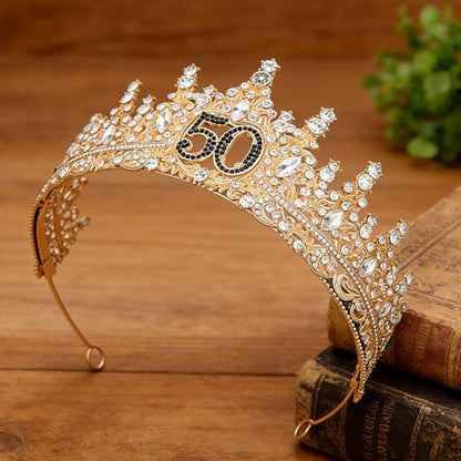 Birthday Crown for Women Crystal Princess Birthdays Tiaras Rhinestone Queen Headband Wedding Bridal Hair Accessories BirthdayProm Pageant Party Coming of Age Ceremony Photo Props - color: Gold-50