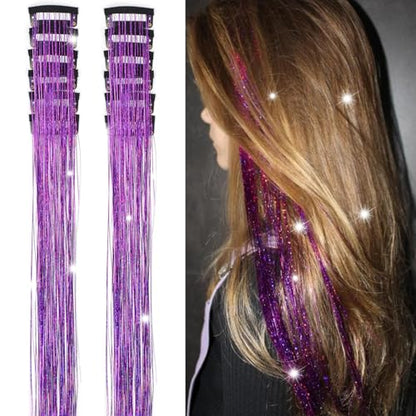 Hair Tinsel Clip in 12 Pcs Glitter Tinsel Hair Extensions 20 Inch Fairy Hair Clip in Hair Tinsel Heat Resistant Sparkly Hair Accessories for Girls Women Kids (Purple) - color: Purple