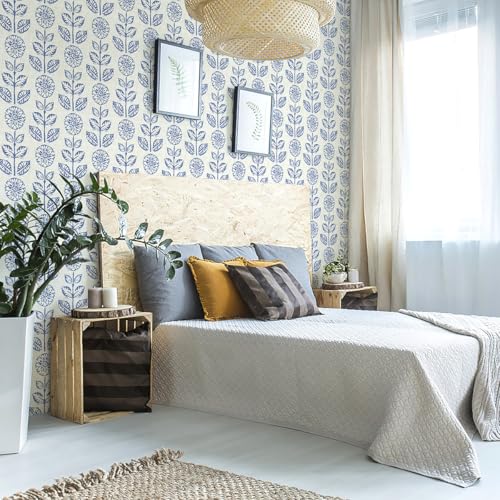 Wudnaye Blue Floral Peel and Stick Wallpaper Blue and White Contact Paper 17.7in×196.8in Vintage Floral Self Adhesive Wallpaper Navy Removable Tulip Wall Paper Waterproof for Bathroom Farmhouse Decor - color: Blue, size: 17.7" x 196.8"
