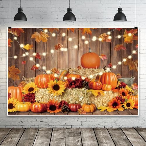 Thanksgiving Decorations Backdrop Fall Backdrops for Photography 10x8FT Friendsgiving Banner Autumn Pumpkin Photo Background Rustic Wood Maple Leaves Sunflower Party Studio Props Wallpaper - color: Pumpkin Yellow 3