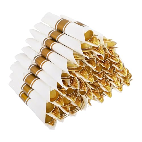 50Guests Pre Rolled Gold Plastic Silverware Sets - Heavy Duty Gold Cutlery - Include 50 Pack Wrapped Disposable Utensils with Napkins for Parties, Dinners & Weddings - color: 50Pack - Gold