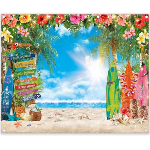 10x8ft Summer Hawaiian Beach Photography Backdrop Tropical Flower Palm Leaves Surfboard Background for Luau Aloha Party Decoration Banner Photo Booth - size: 10x8ft