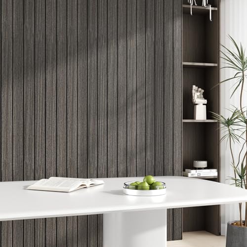 Wood Wall Panels Dark Brown 3D Acoustic Slat Wall Paneling Peel and Stick Vertical Self Adhesive Faux Wood Grain Contact Paper Soundproof Wooden Panel for Bedroom TV Background Interior - size: 11.8"x118"