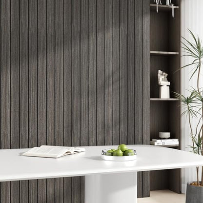 Wood Wall Panels Dark Brown 3D Acoustic Slat Wall Paneling Peel and Stick Vertical Self Adhesive Faux Wood Grain Contact Paper Soundproof Wooden Panel for Bedroom TV Background Interior - size: 11.8"x118"