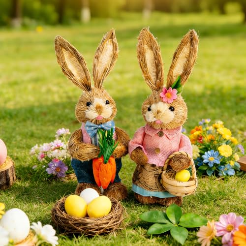 Easter Bunny Decor 13.38 in Standing Sisal Rabbit Figurine Handmade Easter Straw Mr. Bunny Statues Spring Straw Bunny Cute Photo Props Gifts for Farmhouse Spring Home Porch Decor Easter Table Decor