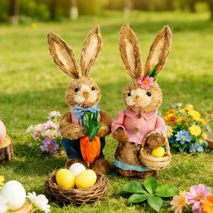 Easter Bunny Decor 13.38 in Standing Sisal Rabbit Figurine Handmade Easter Straw Mr. Bunny Statues Spring Straw Bunny Cute Photo Props Gifts for Farmhouse Spring Home Porch Decor Easter Table Decor