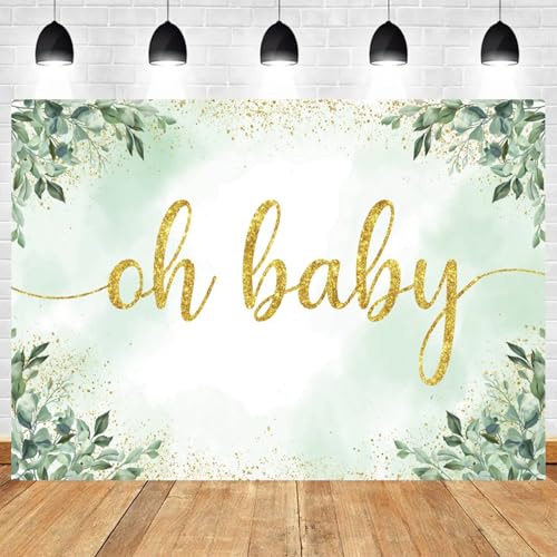 5x4ft Oh Baby Gold Glitter Greenery Backdrop for Neutral Baby Shower Newborn Photography Background with Eucalyptus Leaves Sage Gender Reveal Party Decoration for Girls Boys Kids Photoshoot - color: Color 6, size: 5x4ft