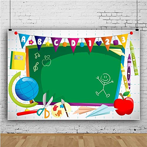 Leyiyi 8x6.5ft Vinyl Photography Background Welcome to Kindergarten Backdrop ABC Letters Blackboard Watercolor Pen Paper Airplane Globe Back to School Themed Party Backdrops Banner - color: Green, size: 8x6.5ft-Vinyl