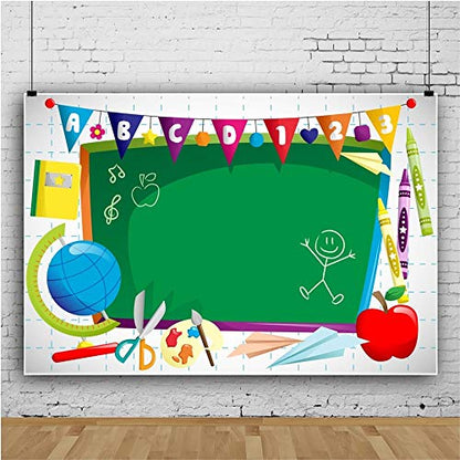 Leyiyi 7x5ft Polyester Photography Background Welcome to Kindergarten Backdrop ABC Letters Blackboard Watercolor Pen Paper Airplane Globe Back to School Themed Party Backdrops Banner - color: Green, size: 7x5ft-Polyester