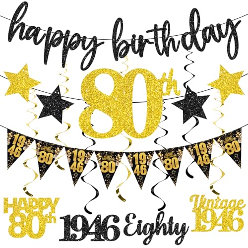 12PCS 80th Birthday Decorations for Men Women, Black Gold Vintage 1946 Happy 80th Birthday Banner Triangle Flag Banner Glitter Hanging Swirls Party Supplies, Cheers to 80 Years Old Bday Decor - style: Black Gold 80th