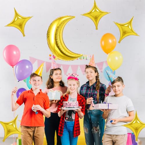 Biapian Moon and Star Balloons, 36 Inch Large Metallic Gold Moon Balloon & 18 Inch Star Foil Balloons for Ramadan Eid Baby Shower Christmas Anniversary Engagement Wedding Birthday Party Decorations - style: Moon Star