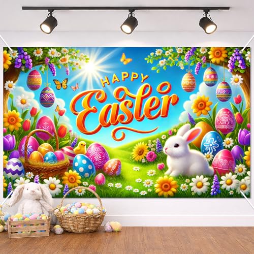 BlissYard Happy Easter Banner 71x43 Inch Easter Decorations Spring Easter Backdrop Bunny Egg Party Banner for Yard Porch Garden Kids Easter Celebration Holiday Outdoor Indoor Display Decor - color: Easter Bunny#3