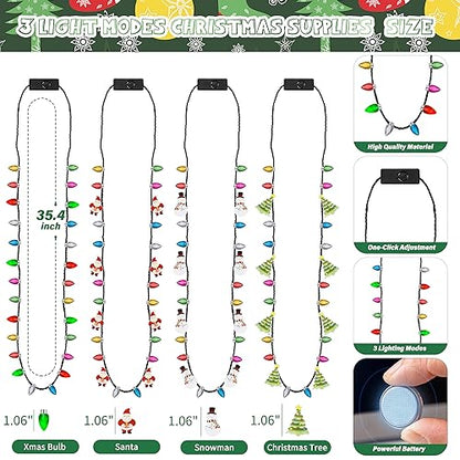 EOBOH Christmas Necklace, 4Pcs Light Up Christmas Necklace, Glowing Bulb Xmas Tree Santa Candy Cane Necklaces, 3 Modes Colorful Xmas Party Favors, Ugly Xmas New Year Eve Party Supplies Accessories
