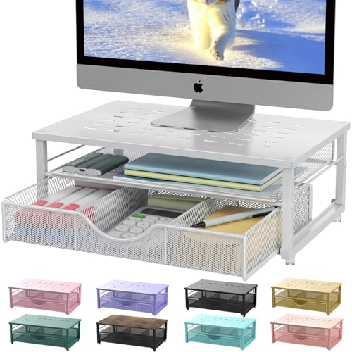 gianotter Computer Monitor Stand Riser, office organizer with Drawer, Office Organizers Storage for Classroom Office Supplies (White) - color: White