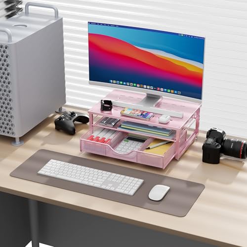 gianotter Computer Monitor Stand Riser, office organizer with Drawer, Office Organizers Storage for Classroom Office Supplies (Pink) - color: Pink