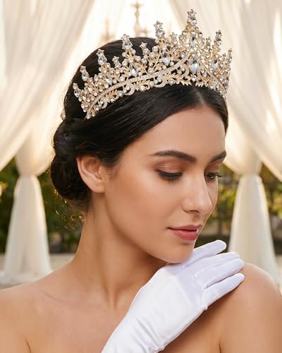 Princess Tiara Crown with Satin Gloves Set Crystal Headpiece for Graduation Prom and Party Photo Props - color: Gold, style: D
