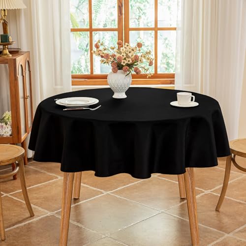 Seenus Textured 60 Inch Black Fabric Table Cloth Fits 30'' to 48'' Round Table, Faux Linen Water Resistant & Wipeable Circle Tablecloth, Washable for Dinning Kitchen Patio - color: Black, size: 60" (Round)