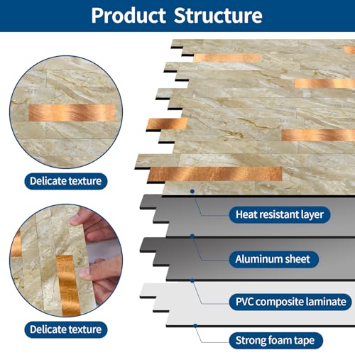 Yipscazo 10 Sheets Peel and Stick Stone Metal Tile Backsplash, Stick on Tiles for Backsplash Kitchen, Bathroom, Laundry Room, Camper, Fireplace (12'' X 12'', Polished Beige) - color: Polished Beige