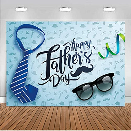 10X8FT Happy Father's Day Backdrop Necktie and Glasses Blue Backdrops Photo Studio Prop Backdrop Father's Day Party Supplies Decorations Banner Photography Background DH-404 - size: 10X8FT