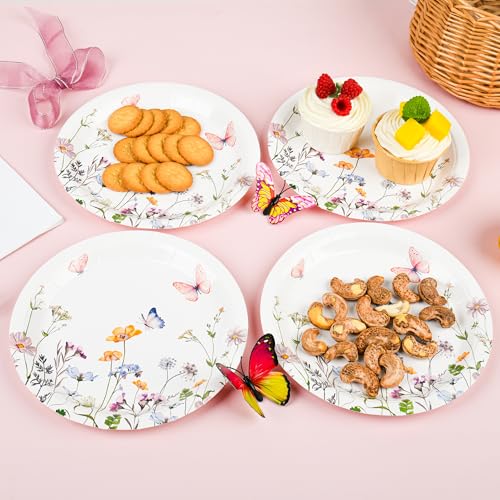 AimFun 24 Pcs Wildflower Paper Plates Watercolor Floral Disposable Party Dessert Plate 7" Rustic Botanical Butterflies Plates for Spring Summer Bridal Baby Shower Tea Party Supplies