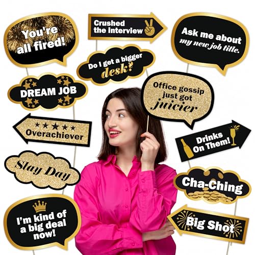 Job Promotion Photo Booth Props – 12 Funny Party Signs for Work Celebrations, Office Party Decorations, Career Success Party Favors