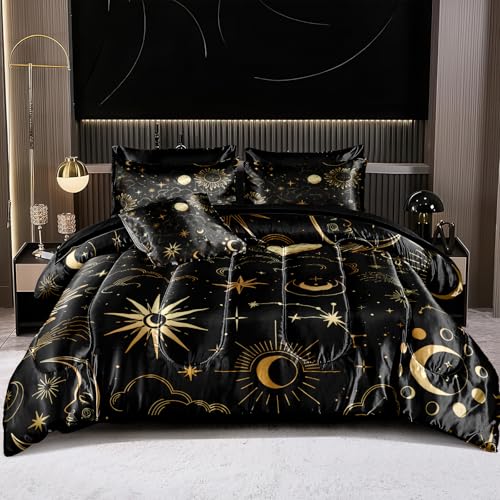 Sun and Moon Comforter Set Gray Satin Bedding Queen Stars Cloud Galaxy Comforter Mysterious Celestial Theme Silk Like Silky Bed in A Bag with Comforter and Sheets - color: Gray, size: Queen