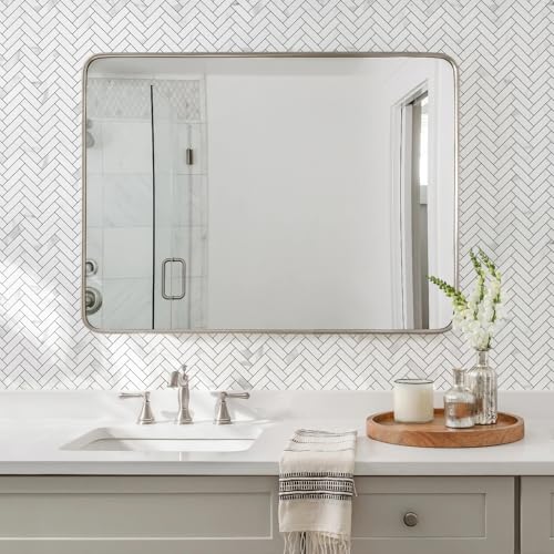 STICKGOO 10 Sheets Herringbone Peel and Stick Backsplash, Stick on Aluminum Composite PVC Kitchen Backsplash, Marble White Mixed Light Grey Look Self Adhesive Wall Tiles - color: Calacatta