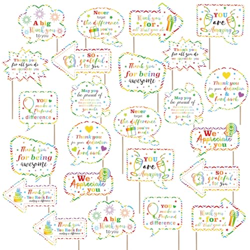 24 Pcs Teacher Staff Volunteer We Appreciate You Decorations Photo Booth Props Appreciation Decor Multicolored Thank You Sign Photo Props for Teacher Nurse Employee Coworker Appreciation - color: Multi Color