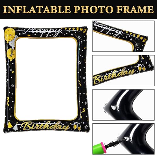 Birthday Photo Booth Props, Black Gold Inflatable Photo Booth Frame, 30PCS Photo Booth Props Cheer to 18 20 30 40 50 60 70 80 90 Years Old Decor Supplies for Men Women Boys Girls - size: All Age Birthday Inflatable Frame