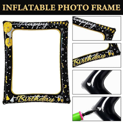 Birthday Photo Booth Props, Black Gold Inflatable Photo Booth Frame, 30PCS Photo Booth Props Cheer to 18 20 30 40 50 60 70 80 90 Years Old Decor Supplies for Men Women Boys Girls - size: All Age Birthday Inflatable Frame