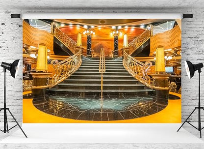 MAEQLQLM 12x8ft Luxury Cruise Ship Grand Staircase Backdrop Glamorous Interior Lobby Background for Cruise Travel Theme Party Luxury Event Decor Wallpaper Photoshoot Props - size: 12x8FT