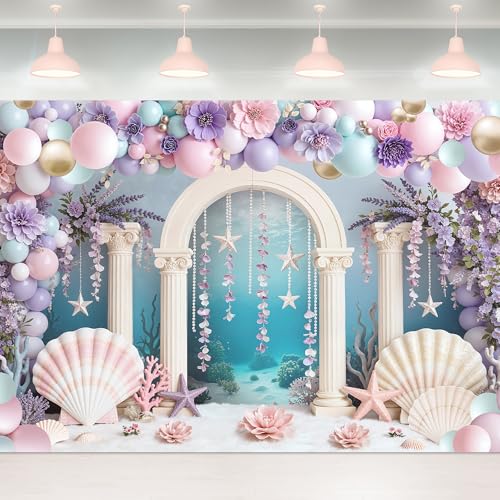 Ocean Backdrop 7Wx5H Feet Fabric Polyester Underwater Sea Wonderland Marine Arch Seashell Starfish Coral Flower Balloon Girl Princess Photography Background Banner Photo Shoot Decor Prop - color: D 03ocean, size: 7Wx5H